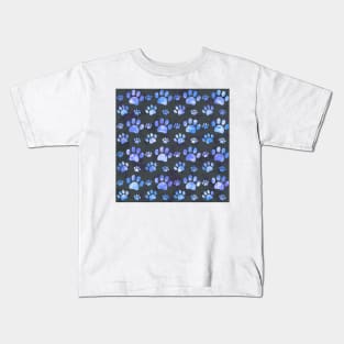 Watercolor blue purple Paw Pattern Black Kids T-Shirt